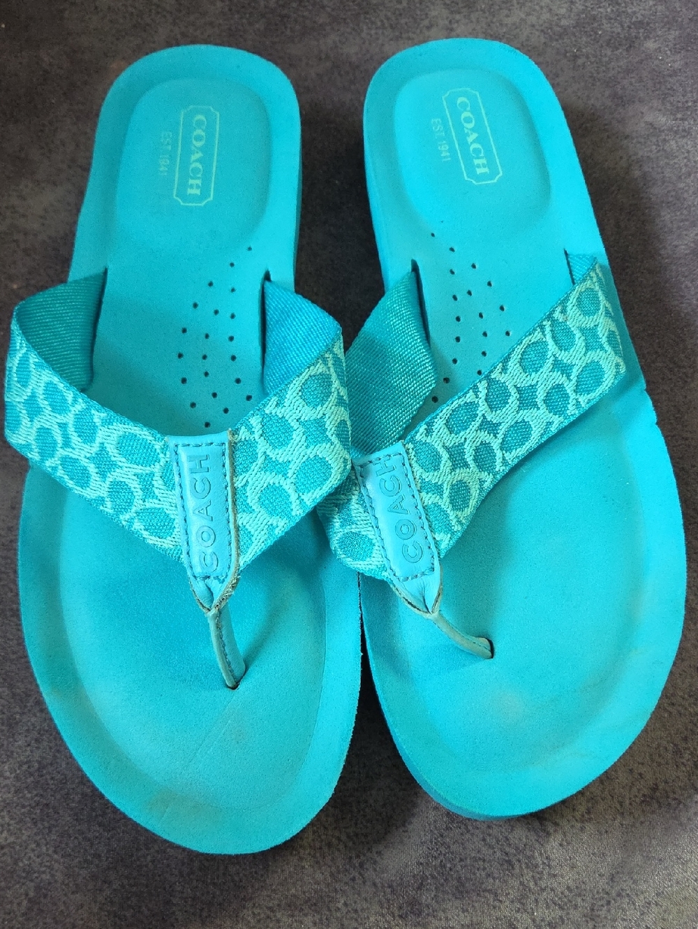 Coach Turquoise Signature Pattern Flip Flop Sandals